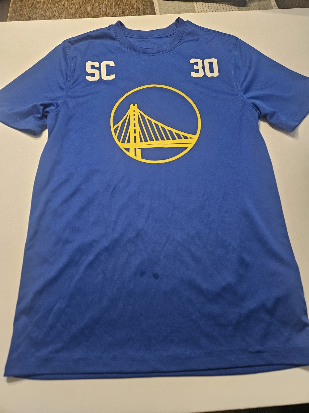 Blue Basketball Tee with Yellow Bridge Logo and White SC 30
